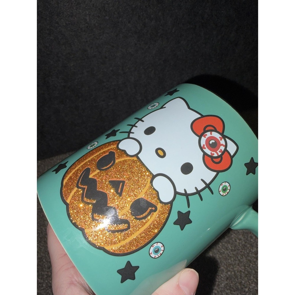 Hello Kitty Halloween Glitter Pumpkin Jack O Lantern Ceramic Teal Mug 20 Oz Eye - Picture 5 of 7